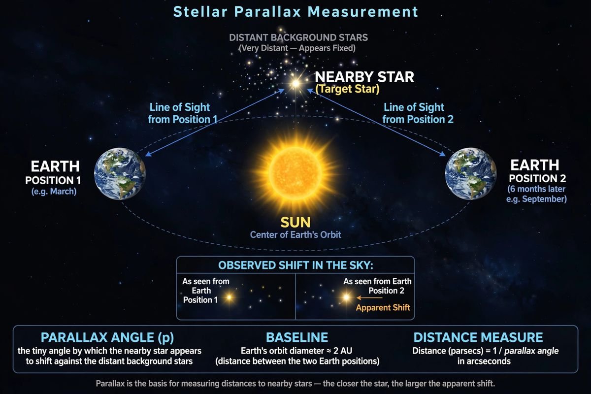A diagram-style view of stellar parallax measurement showing how astronomers measure the distance to nearby stars.