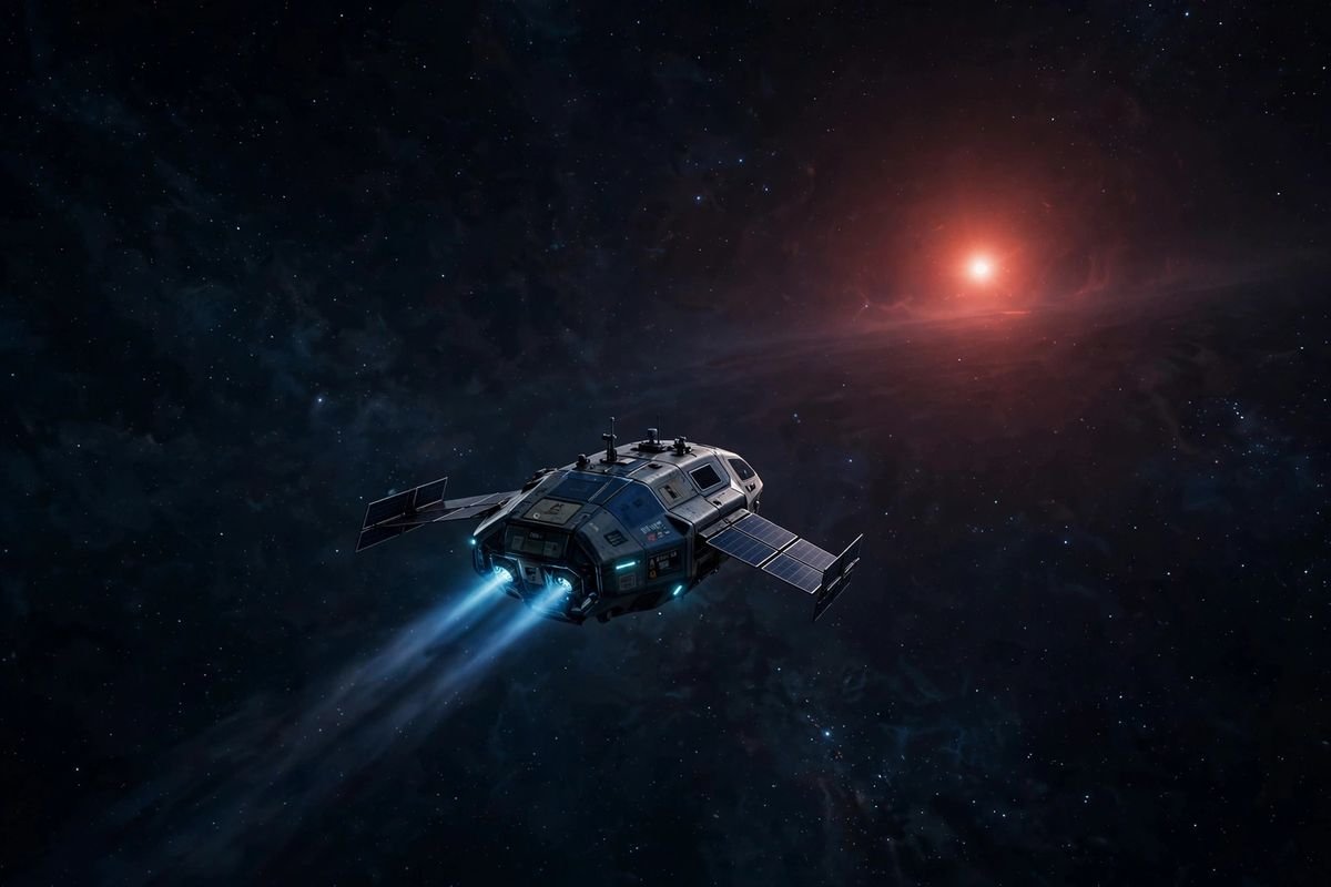 A distant red dwarf star glowing in deep space, representing Proxima Centauri, the nearest star beyond the Sun.