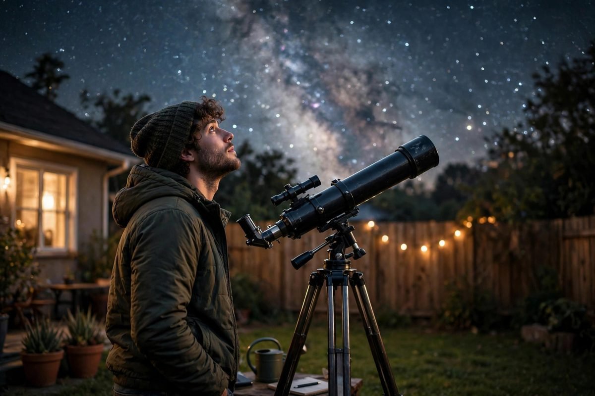A backyard astronomer using a telescope under a dark starry sky, showing how dark skies help a small telescope see farther.