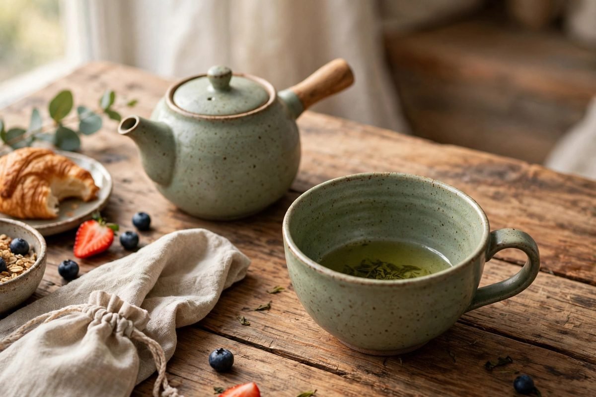 A finished cup of green tea on a wooden table with a teapot.