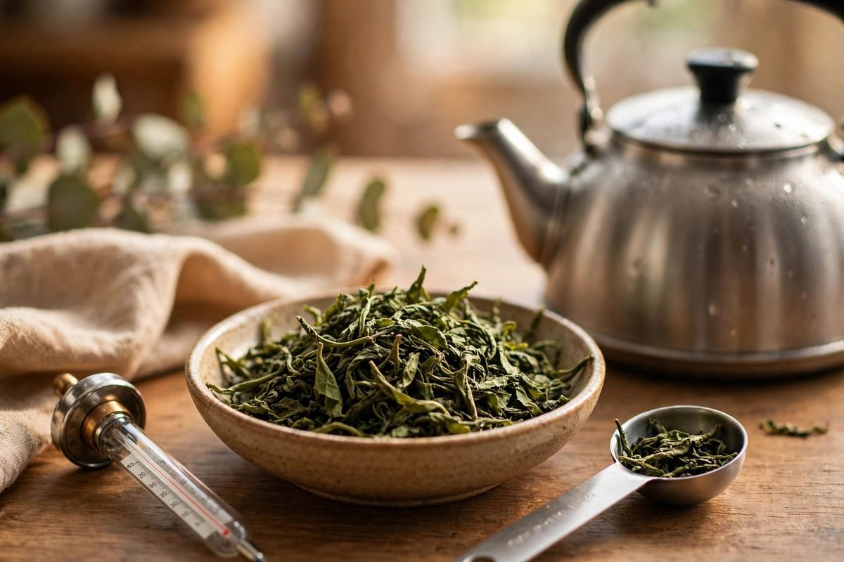 Loose leaf green tea in a bowl with a measuring spoon and a thermometer near a kettle.
