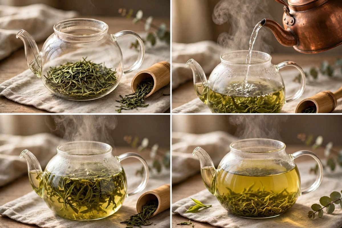 Pouring hot water over green tea leaves in a glass teapot.