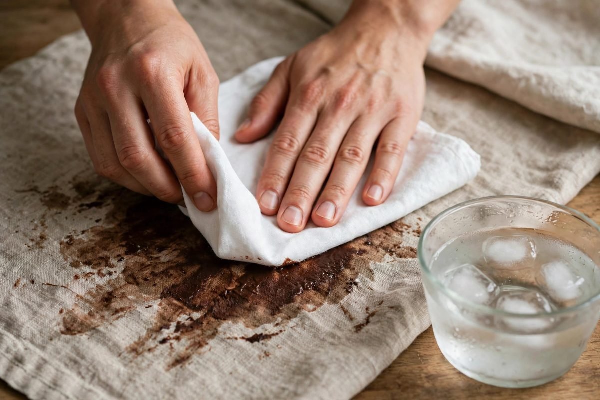 Hands blotting a chocolate stain on fabric with a clean white cloth.
