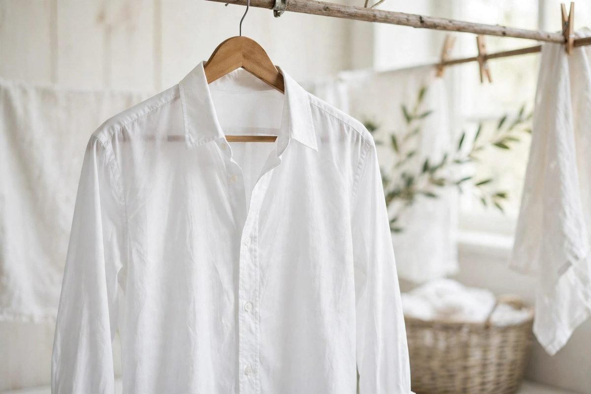 A freshly laundered clean white garment hanging up with the stain gone.