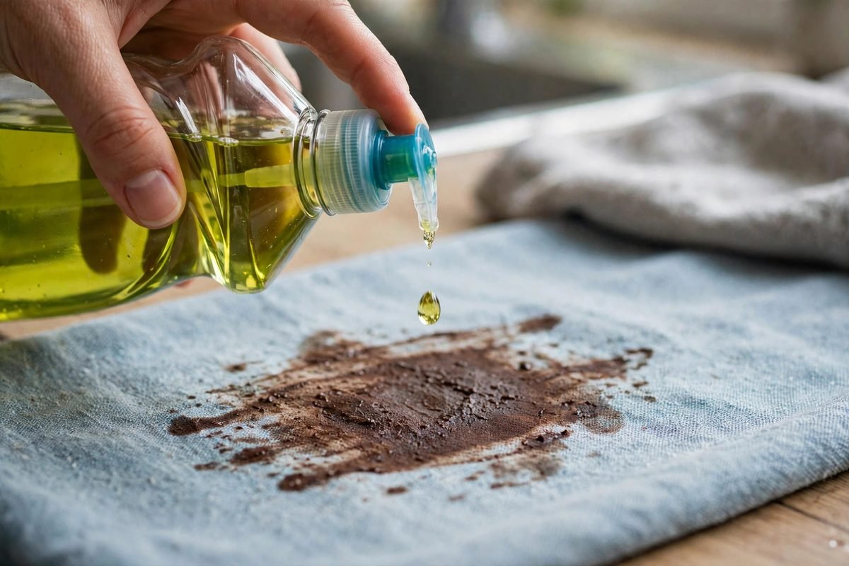 Applying a drop of dish soap onto a chocolate stain on clothing before washing.