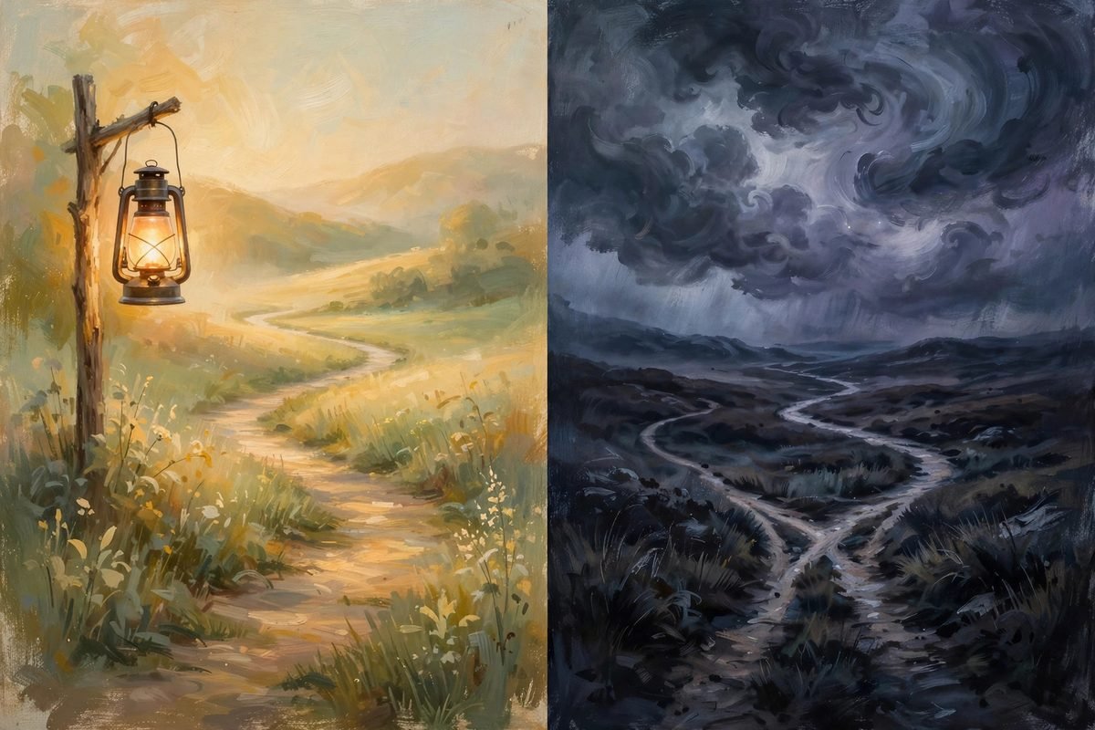 A two-panel illustration contrasting a warm glowing lantern on a calm path with dark storm clouds over a forked trail, symbolising intuition versus anxiety.