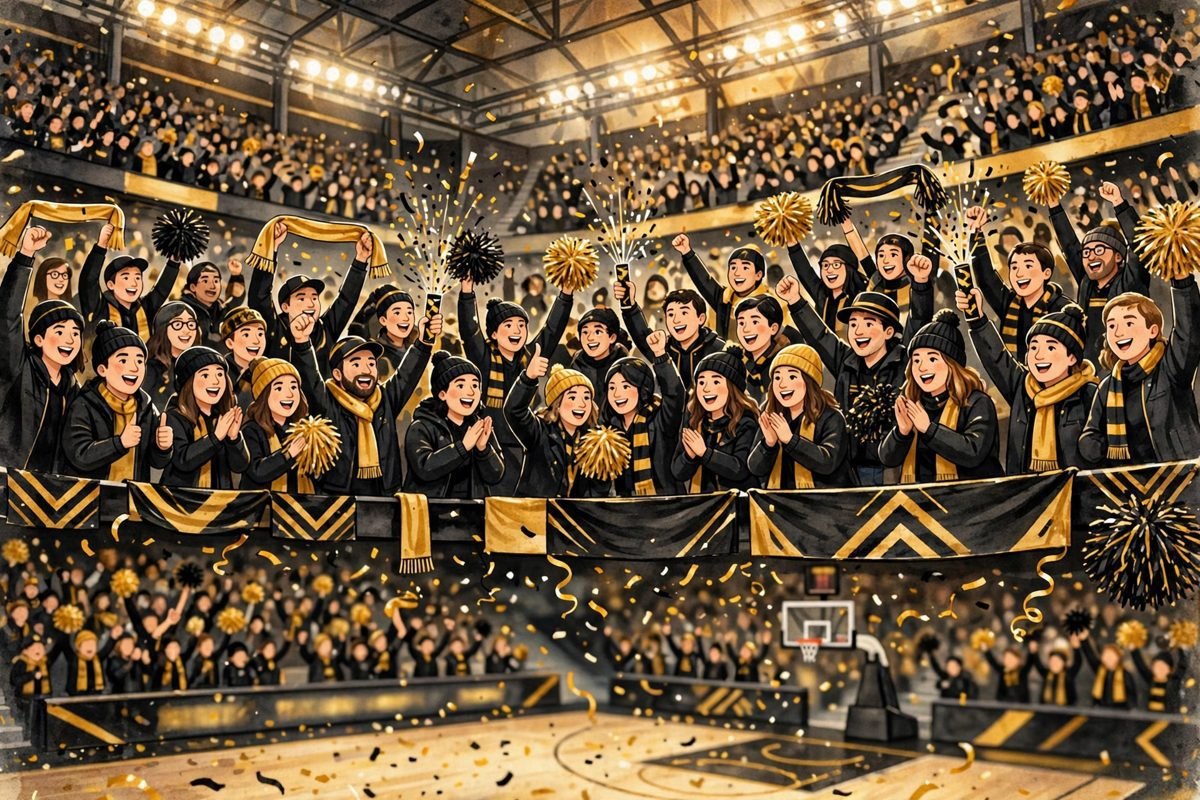 Generic illustration of cheering basketball fans dressed in black and gold.