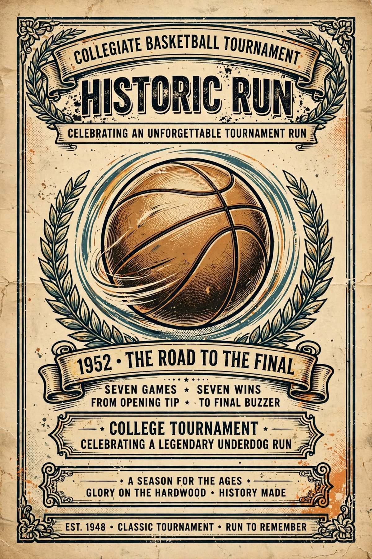 Generic vintage-style basketball illustration celebrating a historic college tournament run.