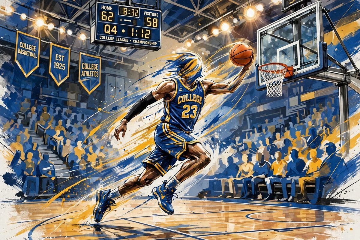 Generic illustration of a basketball player driving to the basket during a college game.