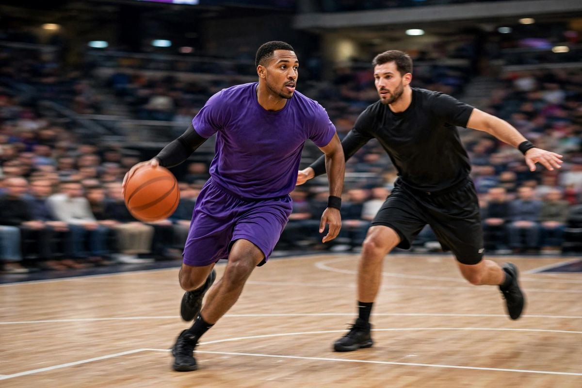 Basketball player dribbling past a defender on a professional court