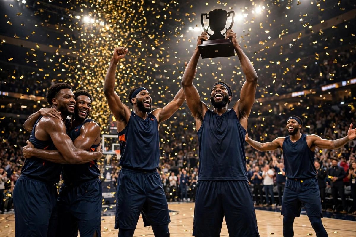 Basketball players celebrating a championship under falling golden confetti