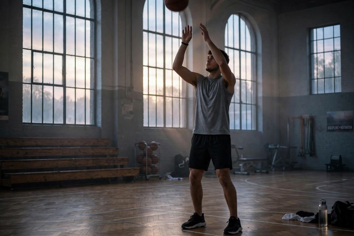 Athlete training alone in a quiet gym at dawn
