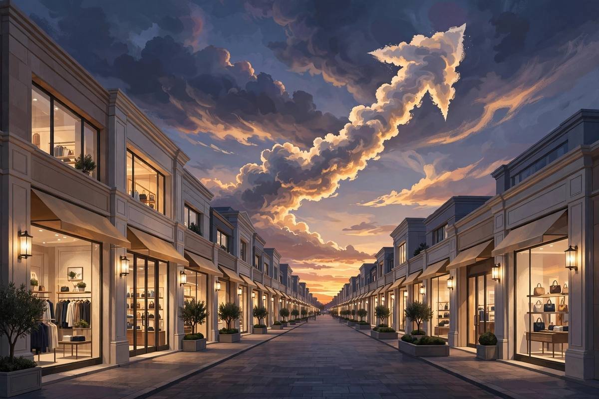 An illustrated row of glowing mall storefronts at dusk with a growth motif in the clouds, symbolizing the rise of the L Brands retail empire.
