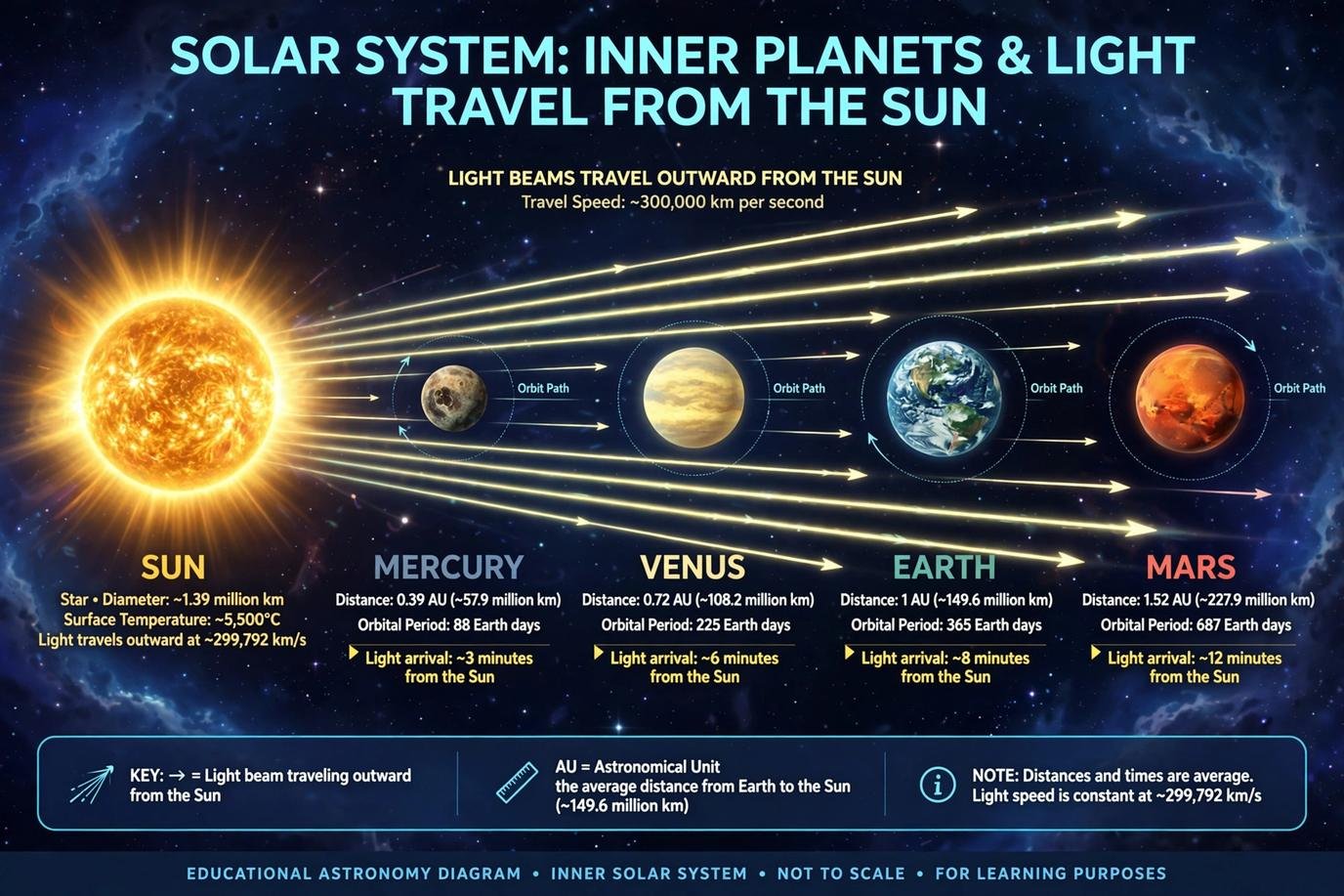 Light travel times from the planets of the solar system to Earth.