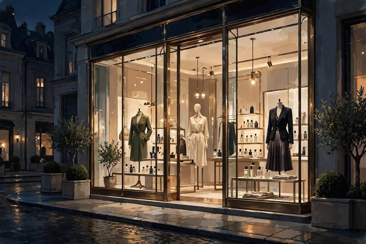 An illustrated luxury retail storefront at night with glowing windows and clothing displays.