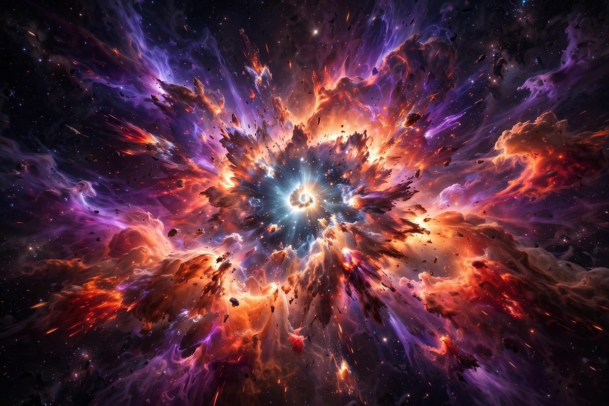 A massive star exploding as a supernova, with shockwaves blasting outward as a new neutron star forms at its core.