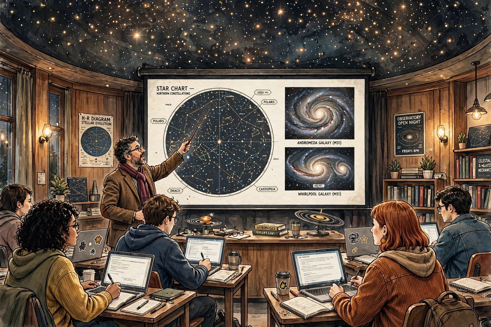 Astronomy subject in college lecture hall with students learning star charts