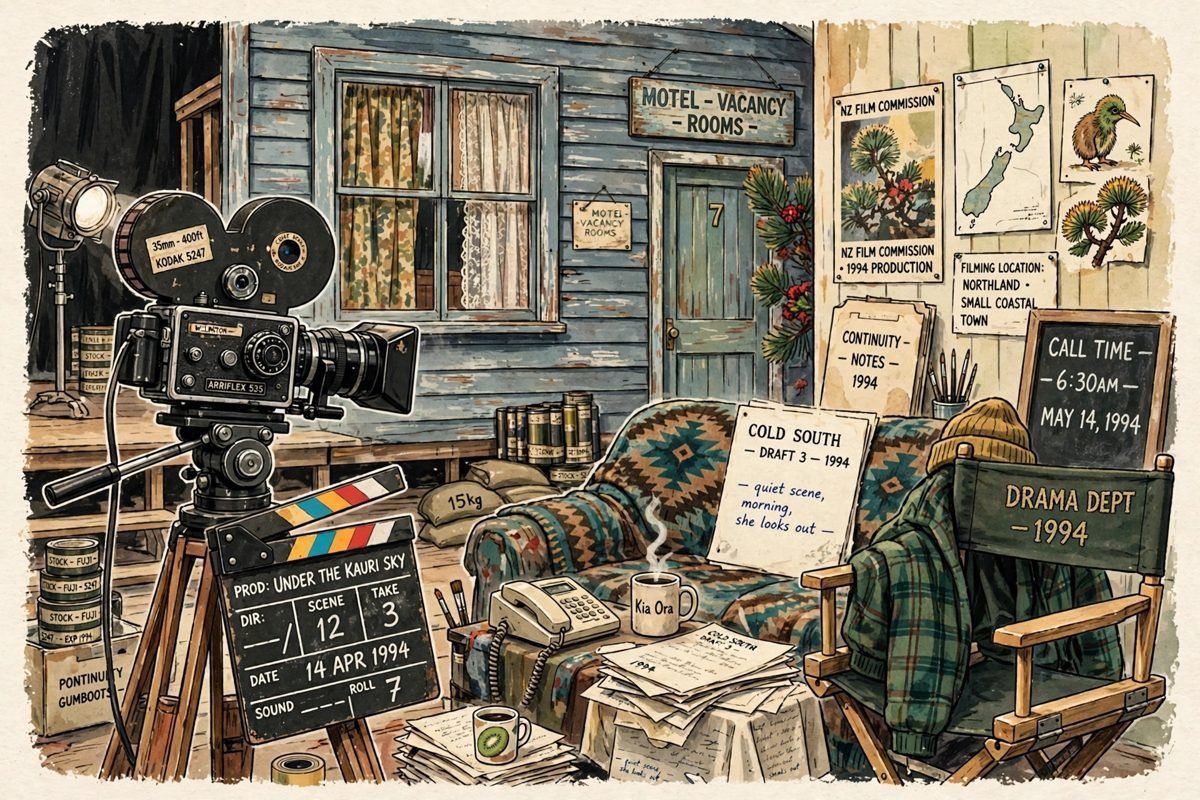 Film-set themed illustration evoking a 1990s New Zealand drama production.