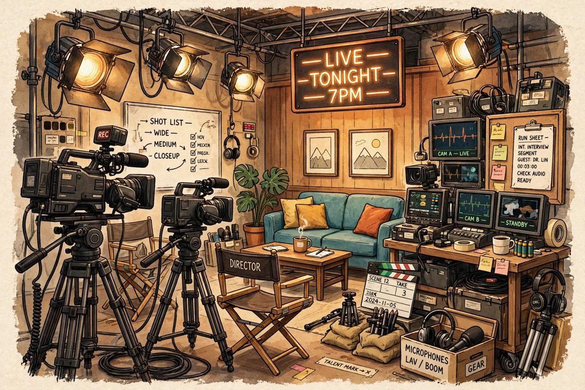 Television studio themed illustration with cameras and warm lighting.