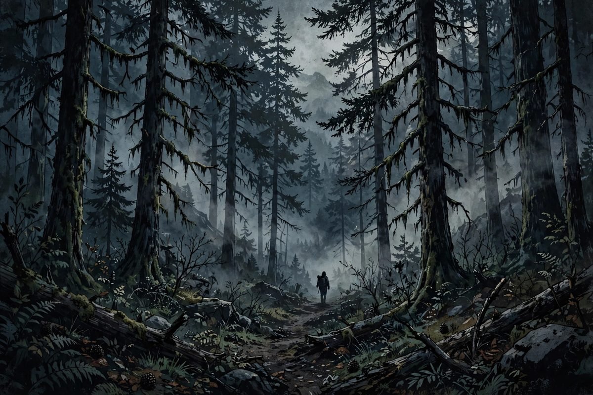 Moody forest-themed illustration evoking a survival drama television series.
