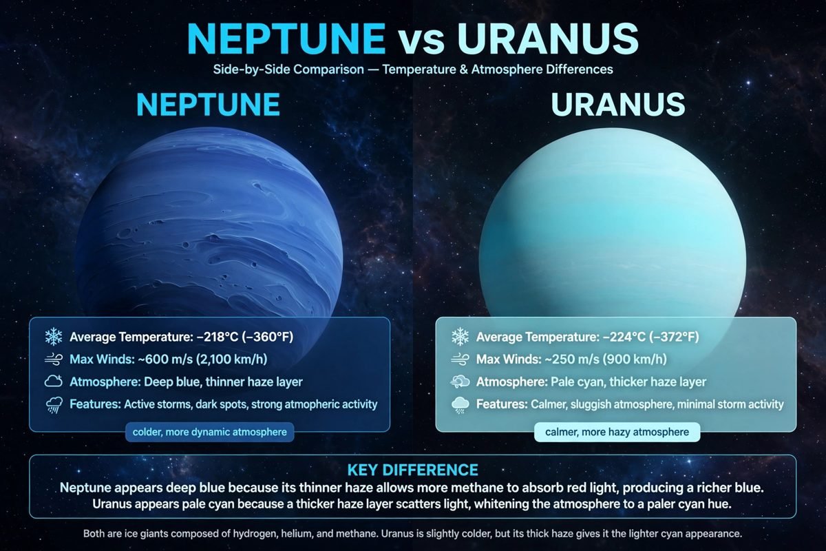 Side-by-side comparison of Neptune and Uranus showing their blue atmospheres and temperature differences.