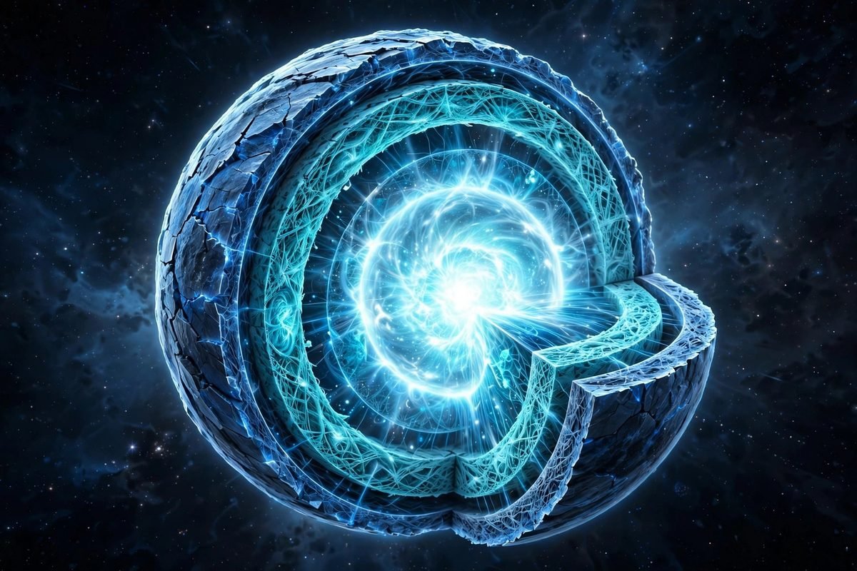 A cutaway illustration of a neutron star showing its layered interior from the solid crust to the superdense core.