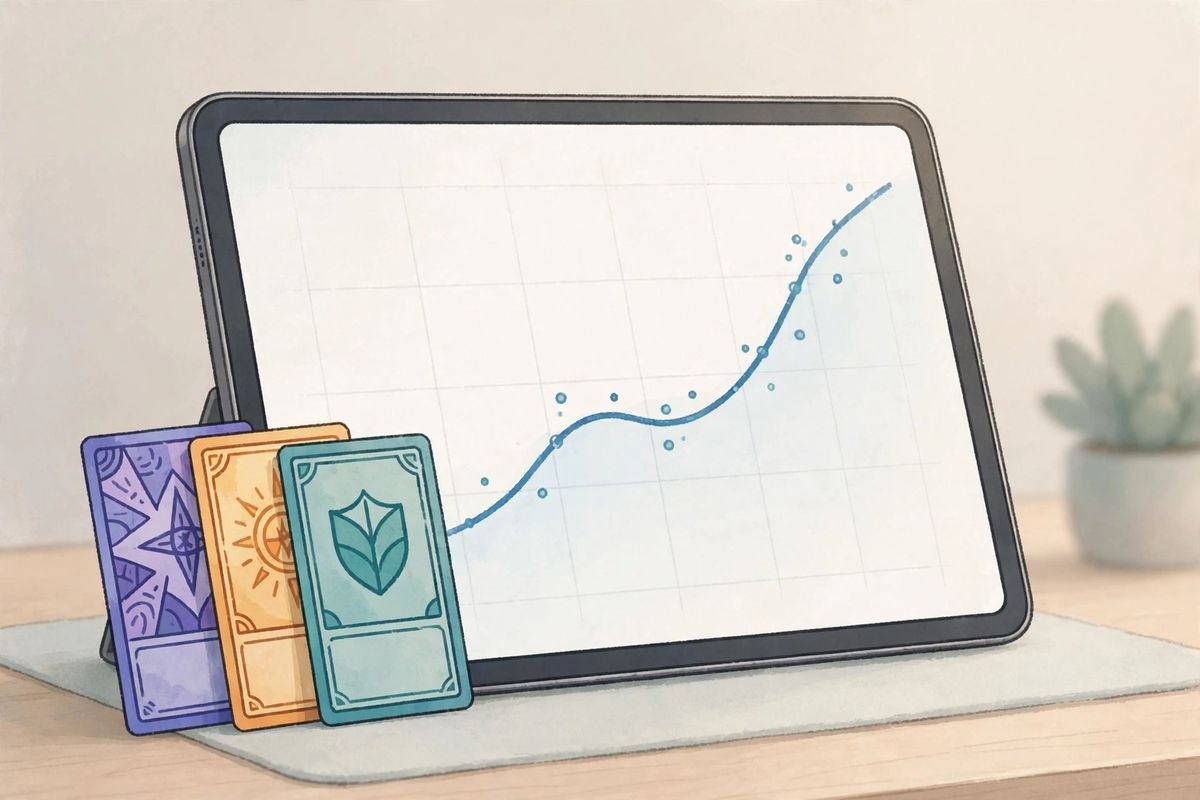 A tablet showing a rising price history line chart with trading cards leaning against it.