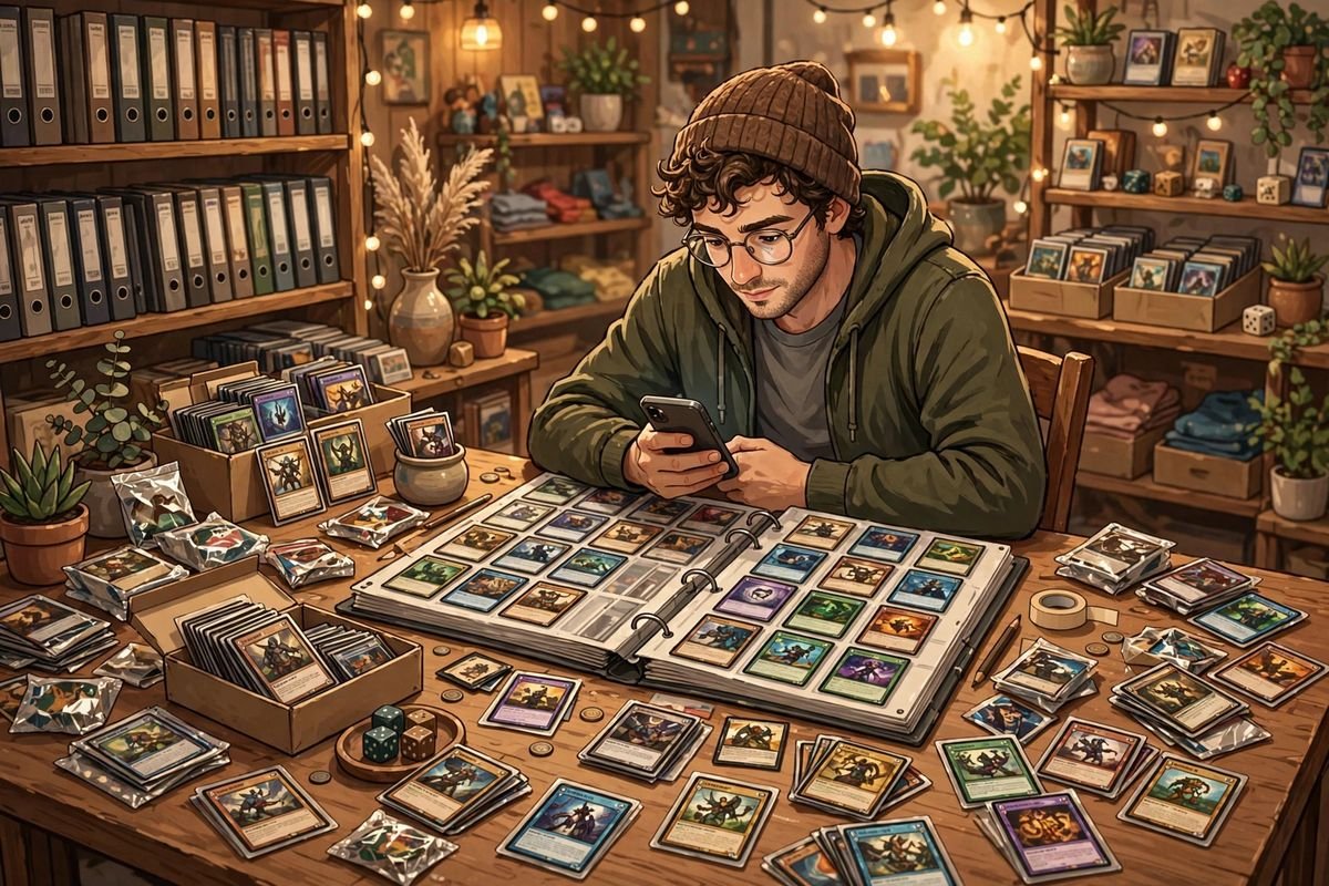 A collector at a card shop table checking card prices on a smartphone surrounded by binders and card packs.