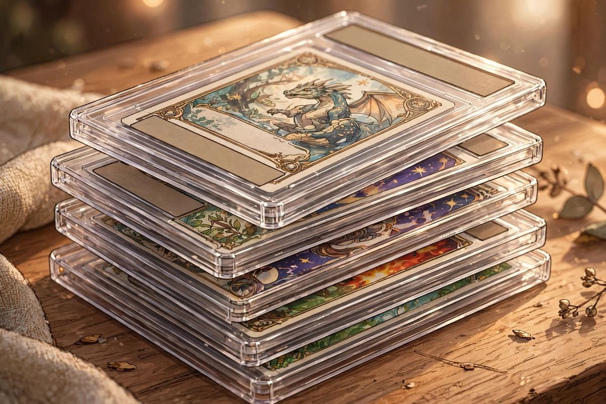 A stack of professionally graded trading cards sealed in clear grading slabs on a wooden table.