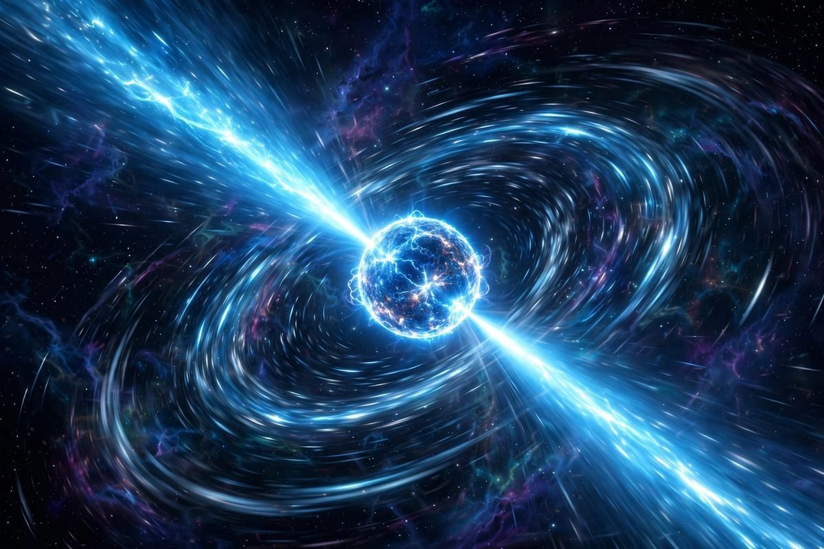 A pulsar, a rapidly spinning neutron star, sweeping twin beams of radiation across space like a cosmic lighthouse.