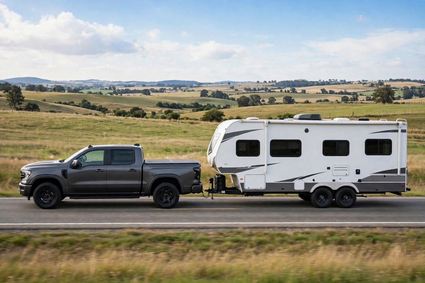 A Ram 1500 towing a travel trailer along a country highway.