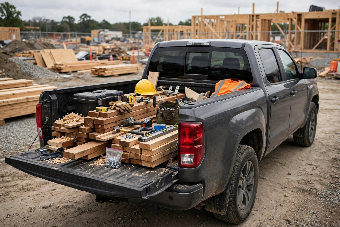 A Ram 1500 truck bed loaded with work gear at a job site.