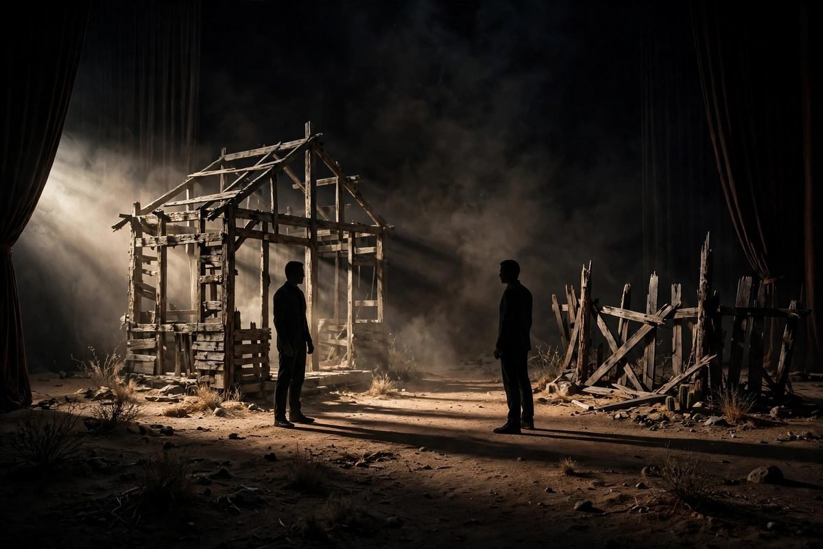 A desert theatre stage under open sky, echoing the landscapes of Sam Shepard's plays.