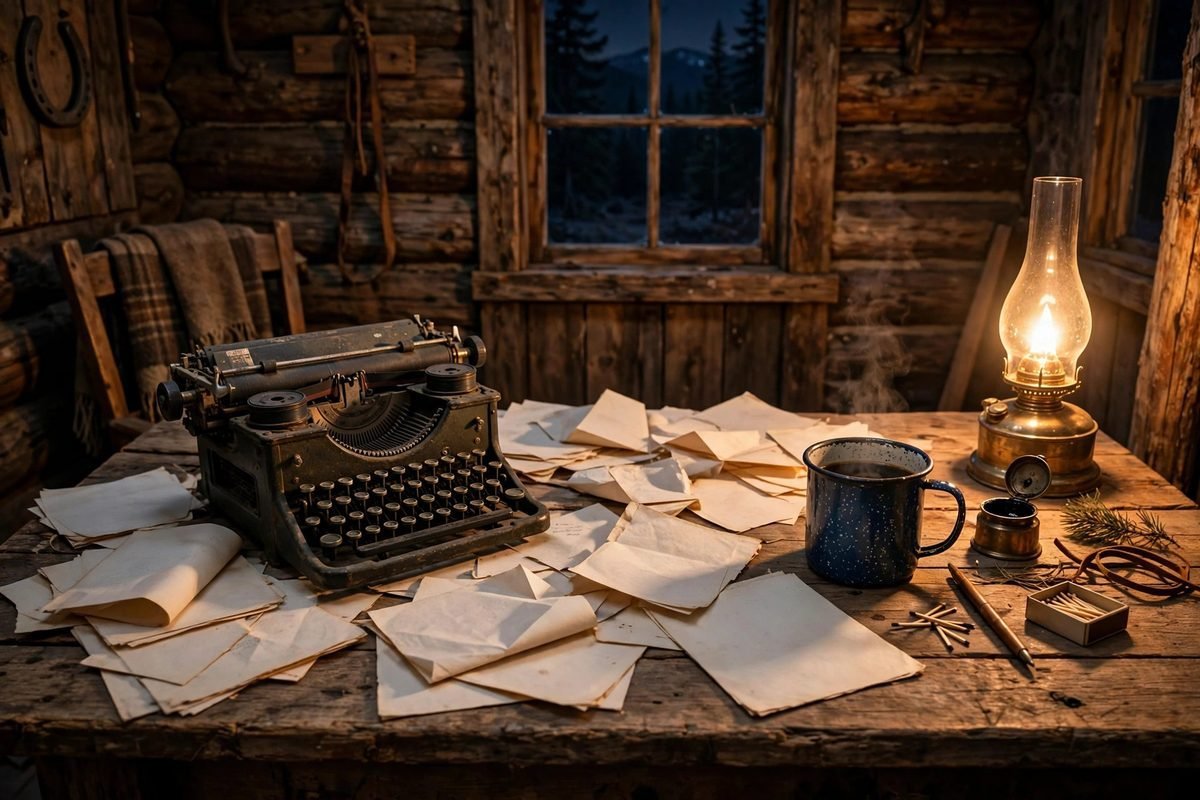 A vintage typewriter on a writer's desk, evoking Sam Shepard's early years writing plays in New York.