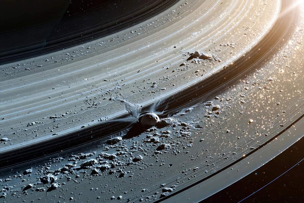 Close-up of Saturn's icy rings with small shepherd moons near the ring edge