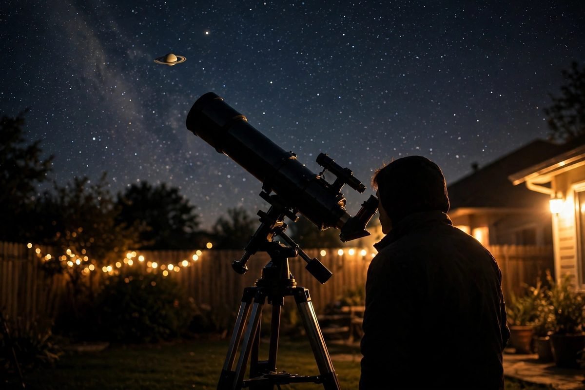 A person observing Saturn through a backyard telescope under a starry sky