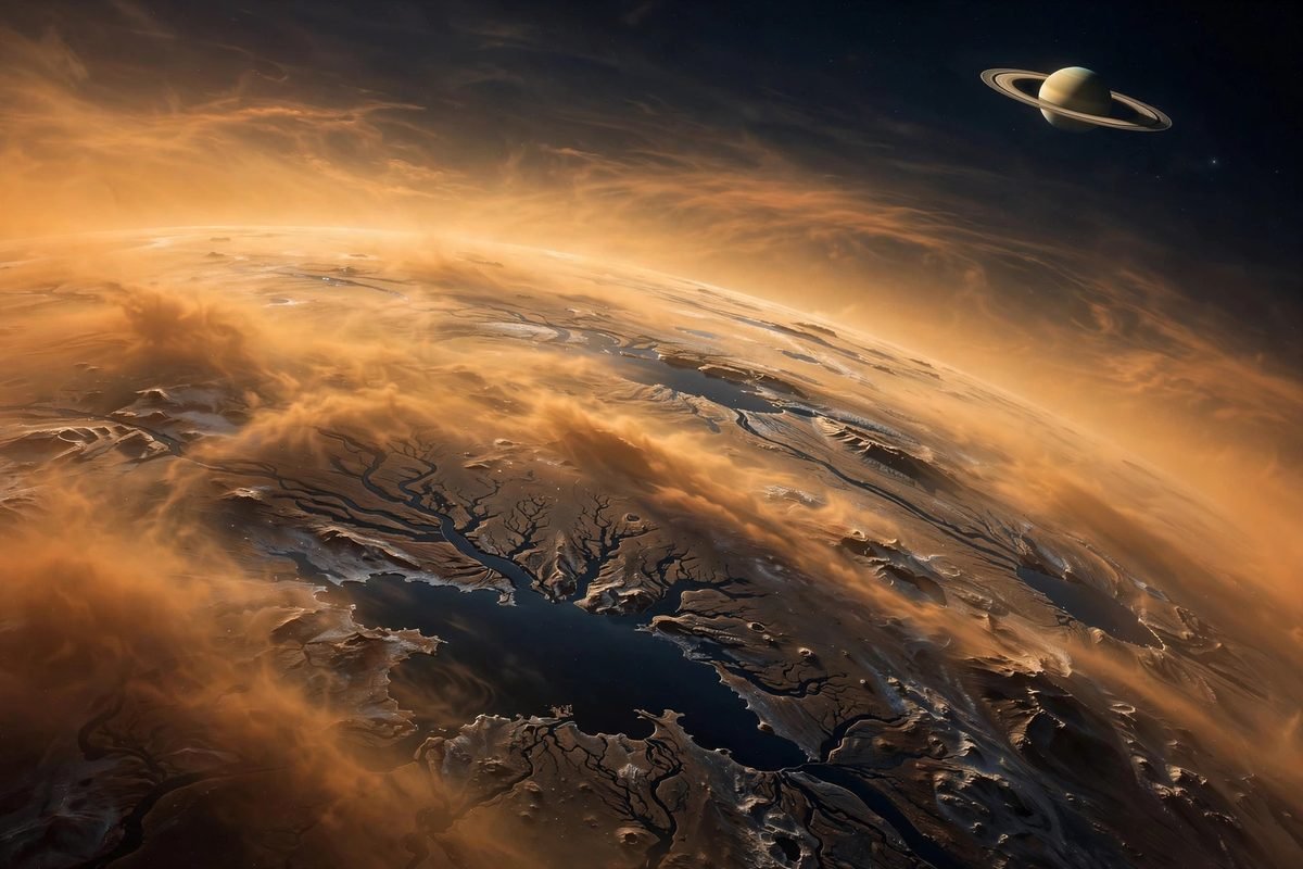 Titan, the largest moon of Saturn, with orange haze and dark methane lakes