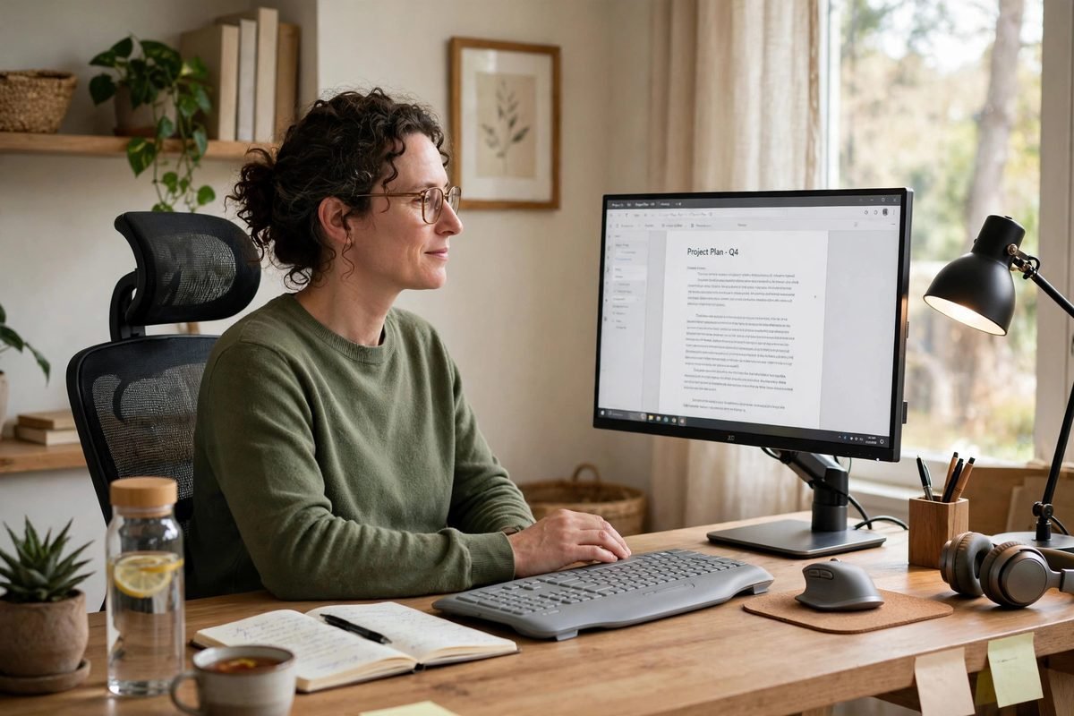 A person sitting at an ergonomic desk with relaxed shoulders and good posture.