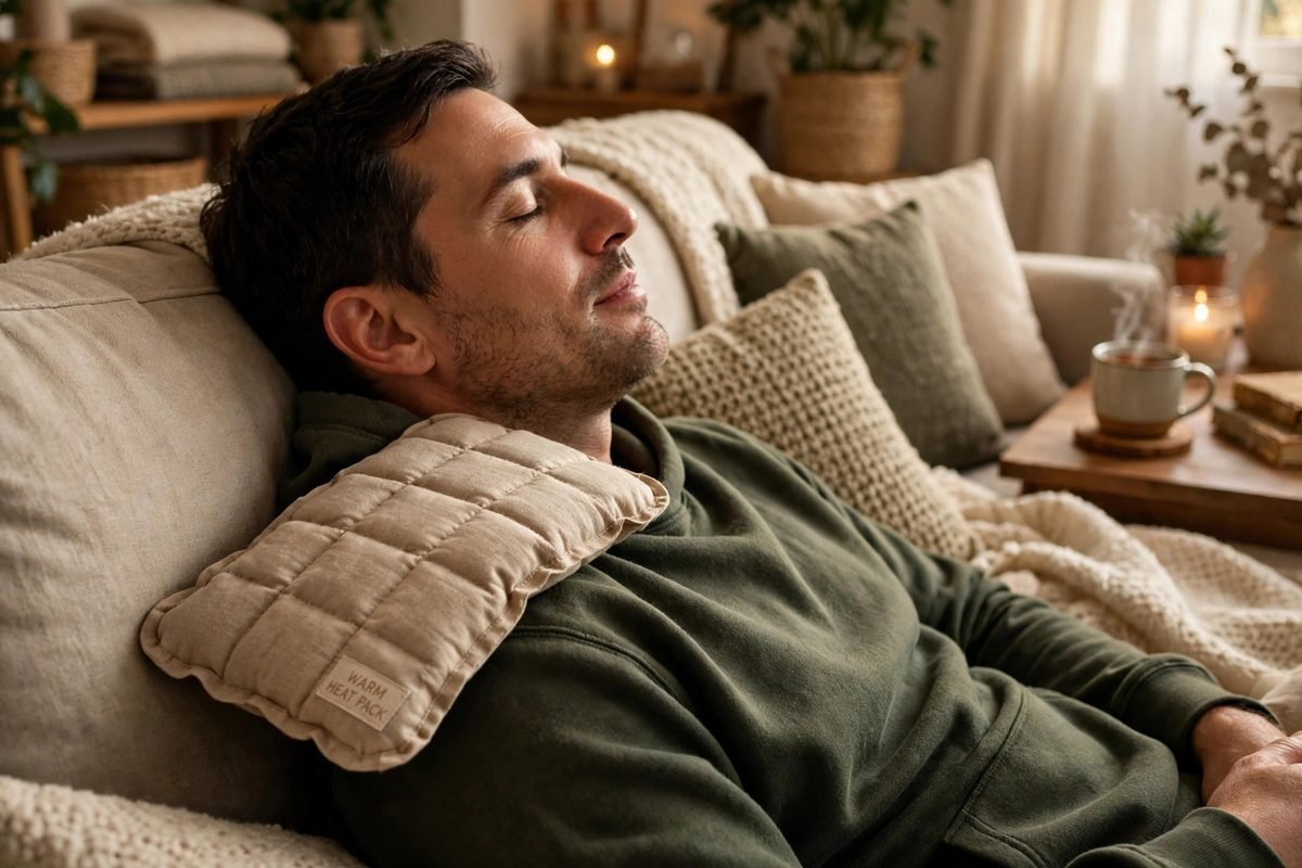 A warm heat pack resting on a shoulder to relieve stiffness and soreness.