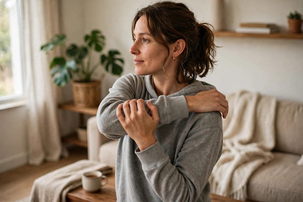 A person doing a gentle cross-body stretch to ease shoulder pain.