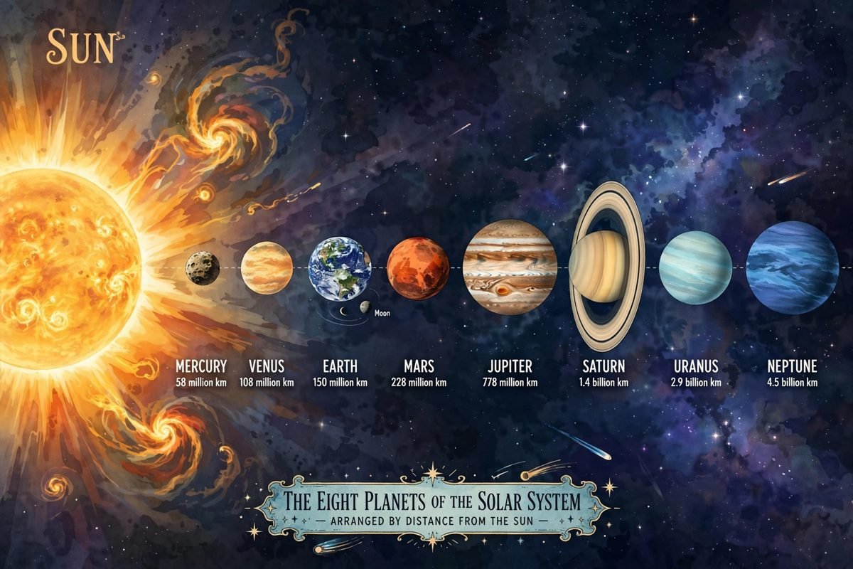 The eight planets of the solar system arranged by distance from the Sun with their average temperatures.