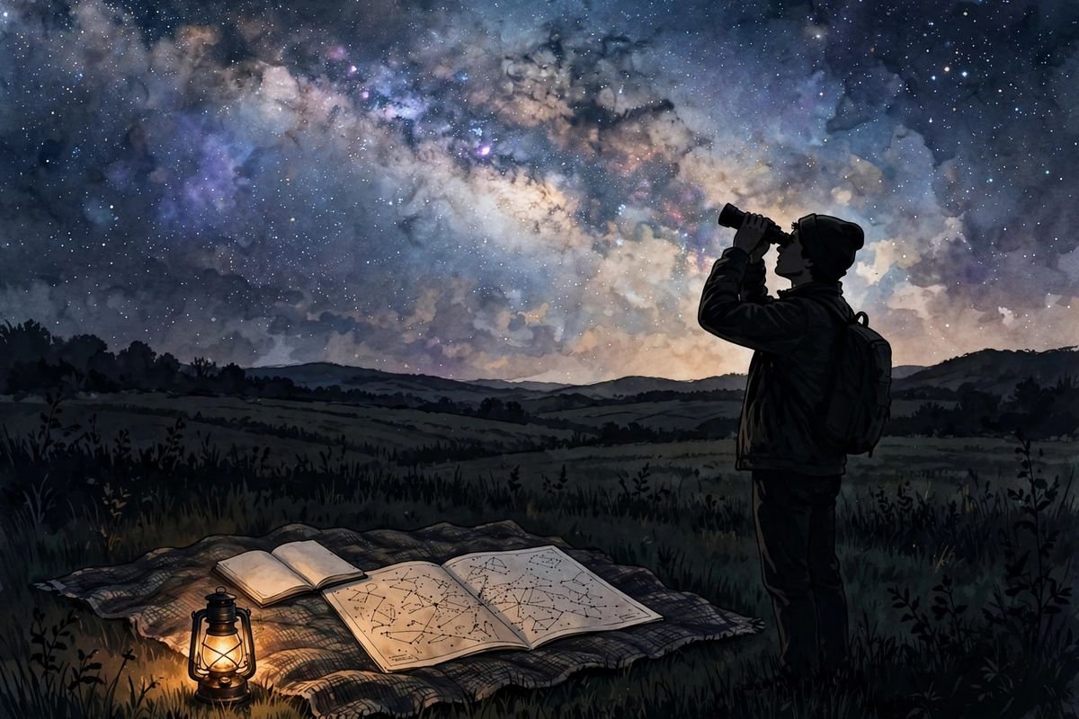 A beginner stargazer with binoculars under a bright Milky Way, with a notebook and star chart open on a blanket.
