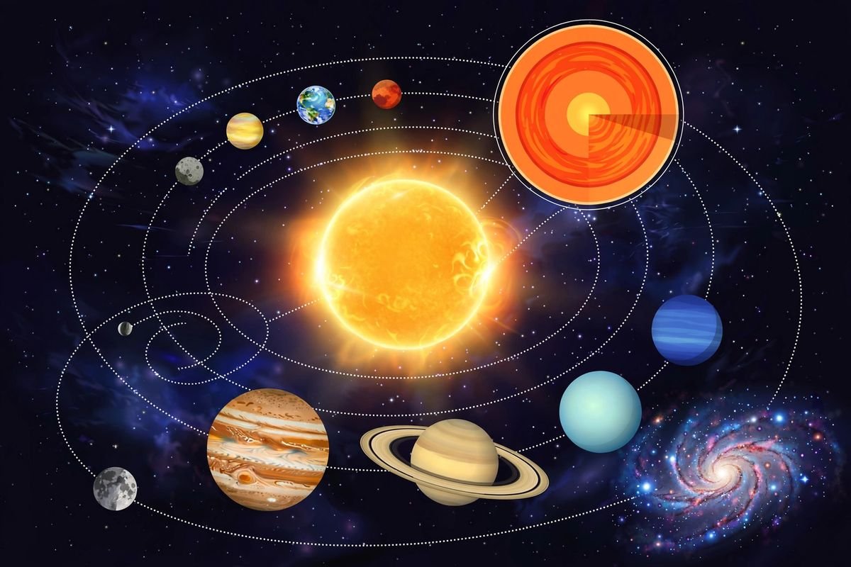 Study com astronomy core topics visual map — the planets, a cutaway star, a spiral galaxy, and the Moon arranged around the Sun.