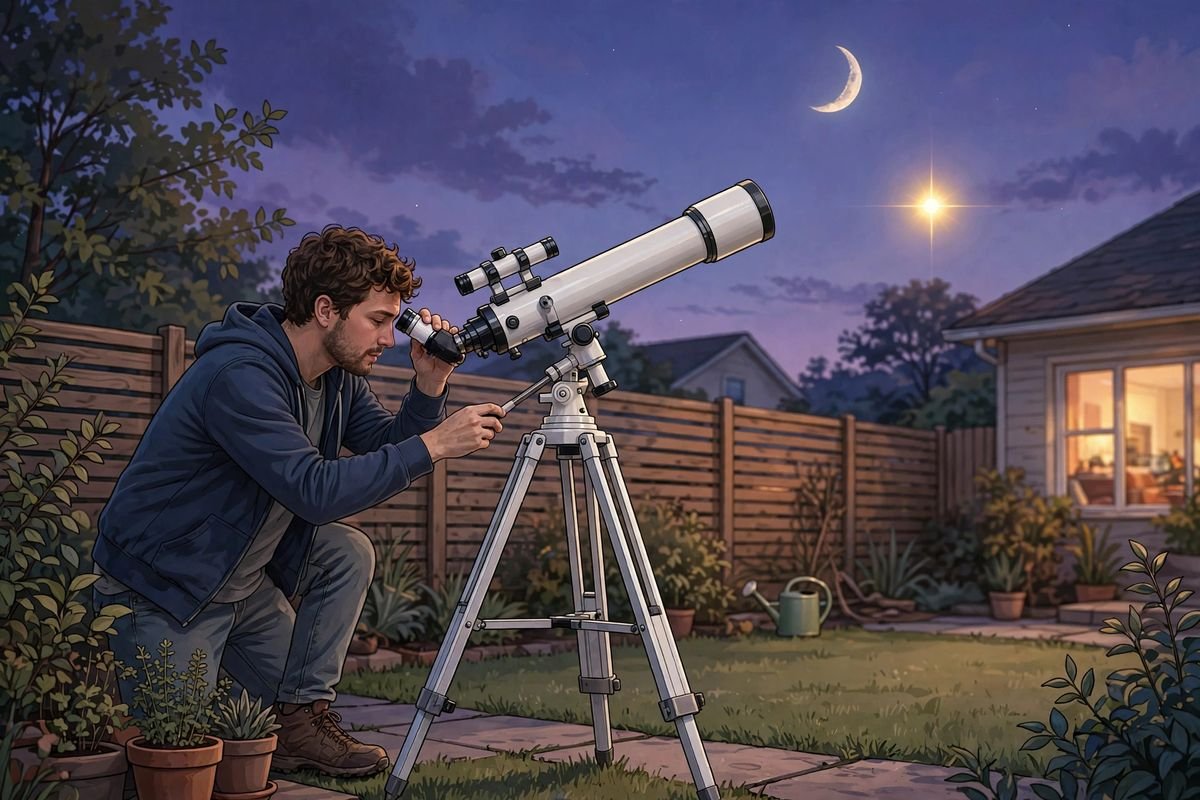 A person adjusting a beginner telescope in a suburban backyard at dusk, pointed at the crescent Moon and Jupiter.