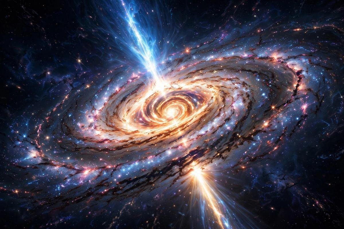 A spiral galaxy with a bright glowing region at its center where a supermassive black hole resides.