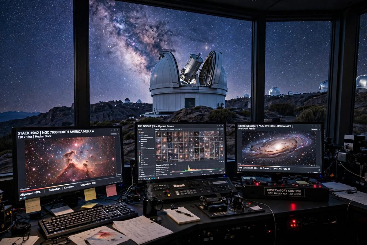 A mountaintop observatory telescope under a starry sky used to discover faint moons
