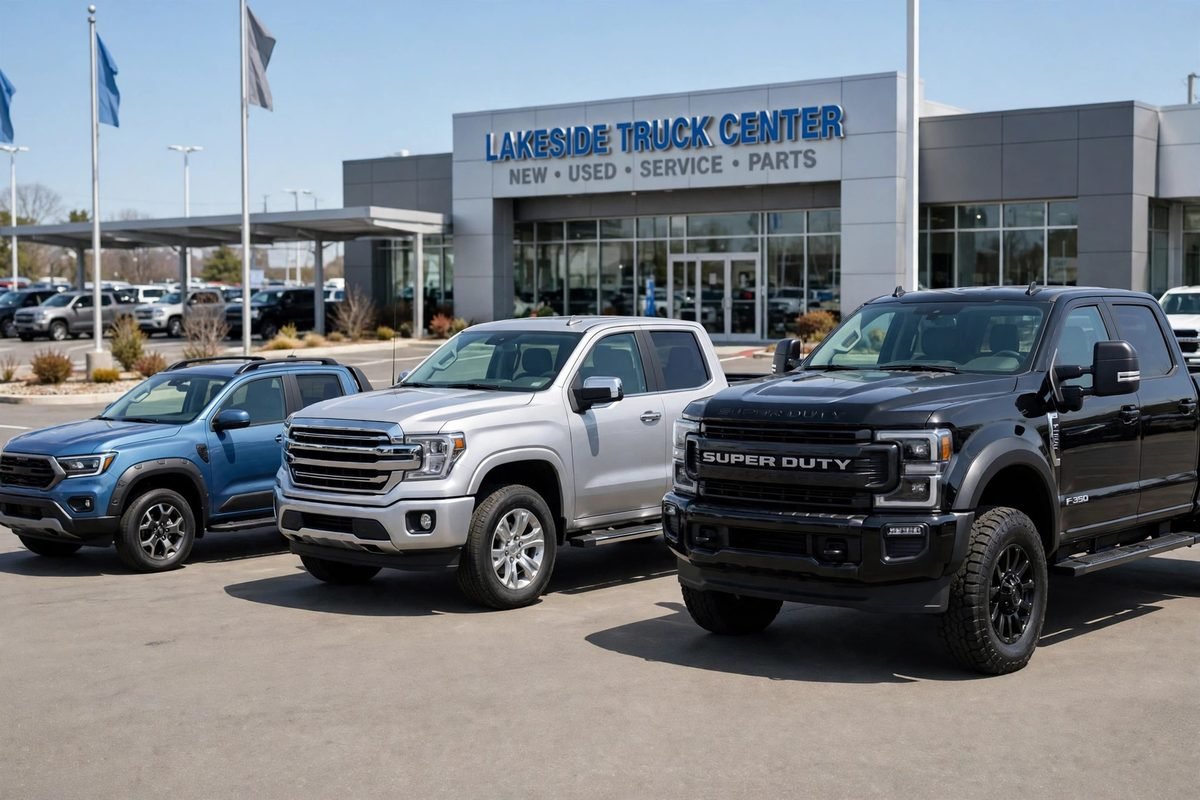 Three pickup trucks of increasing size — midsize, full-size and heavy-duty — parked side by side showing the size progression.