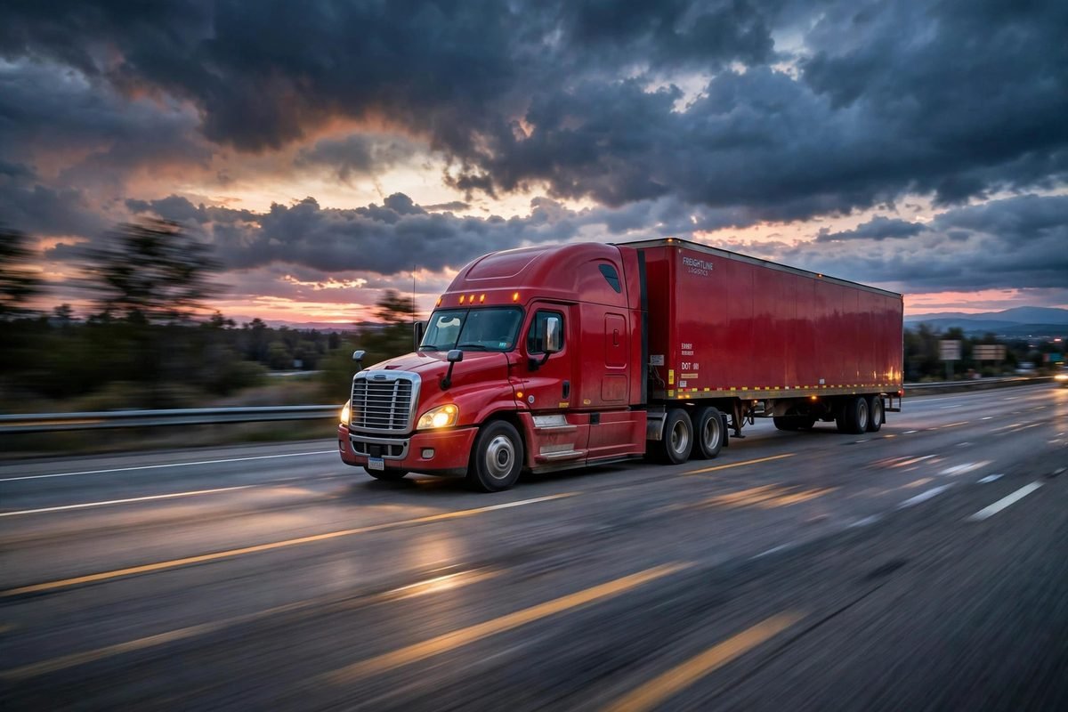 A red semi tractor-trailer driving on a highway at dusk with headlights on.
