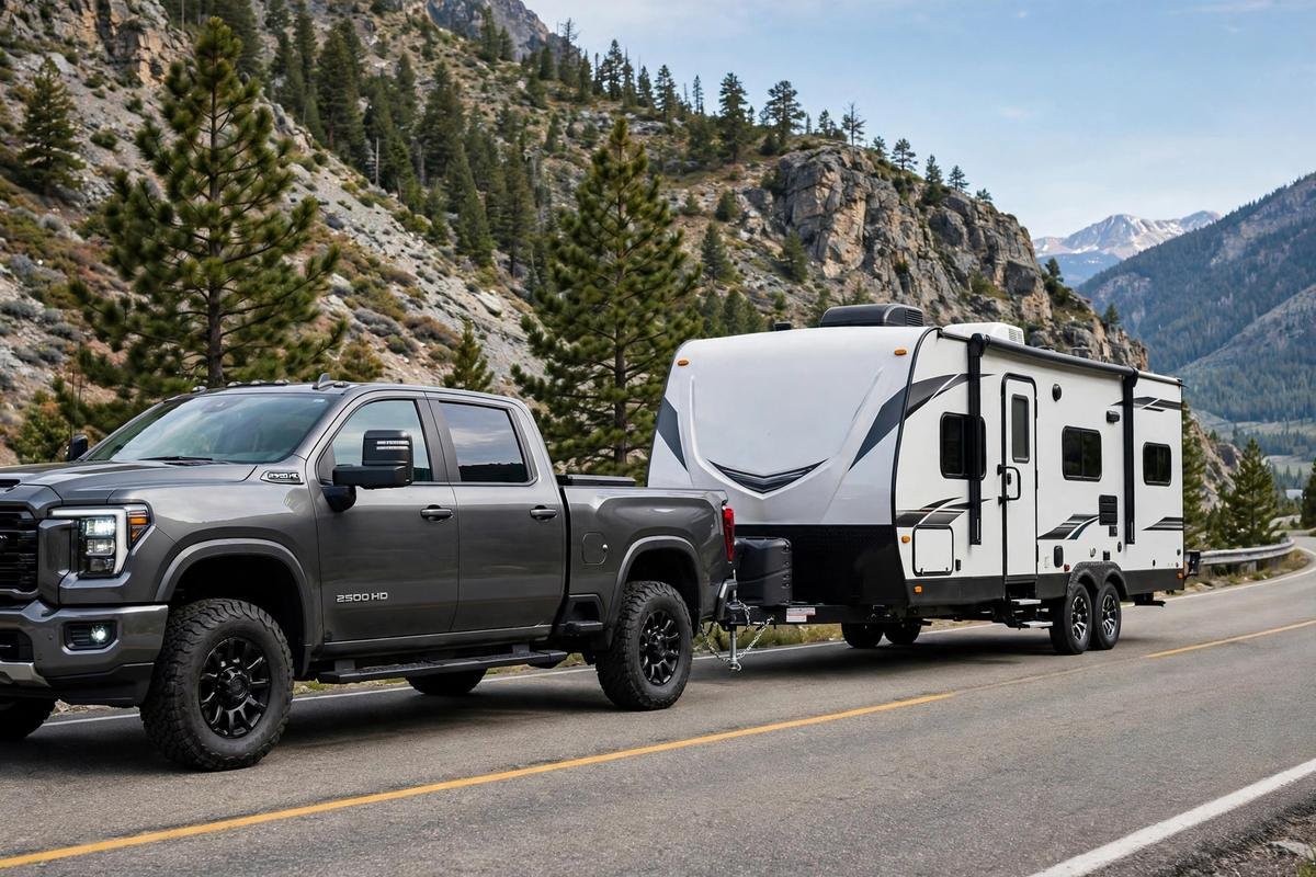 A full-size pickup truck towing a large travel trailer on a mountain highway.