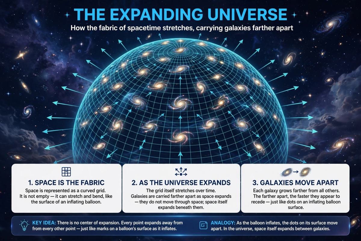 Illustration of space expanding like an inflating balloon, with galaxies moving apart as the grid of spacetime stretches